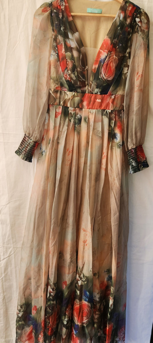 Toleen Women's Floral Maxi Dress Size M Sheer Long Sleeve Plunge Neck Elegant Occasion Dress