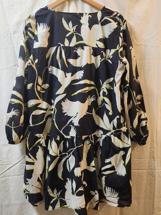 Seafolly Australia Bird Print Tiered Mini Dress Navy White Long Sleeve Size L