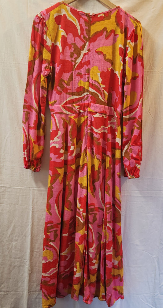 Mister Zimi Floral Wrap Style Midi Dress Pink Red Mustard | AU 12