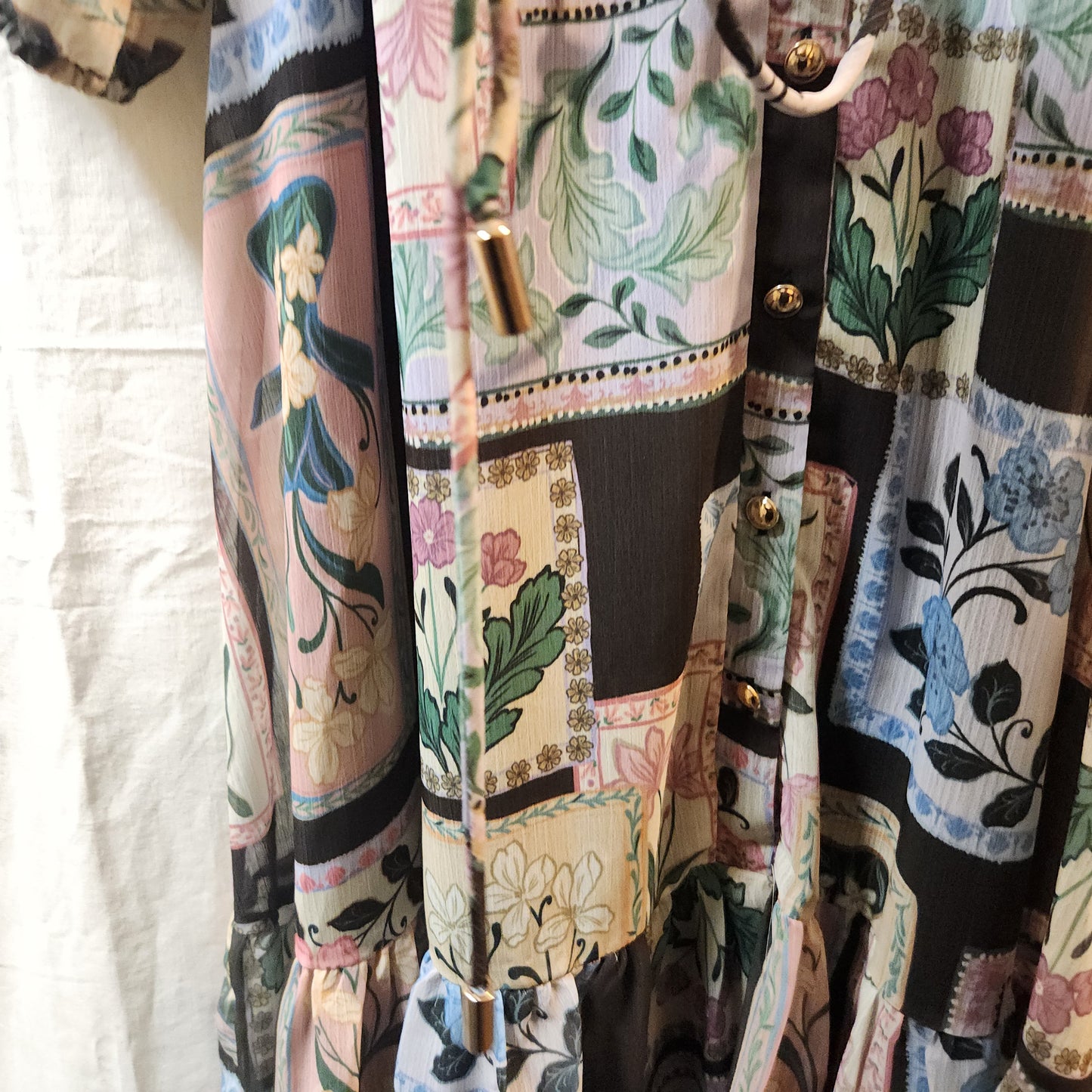 Portmans Floral Patchwork Midi Dress – Size 12 | Sheer Sleeves | Lined