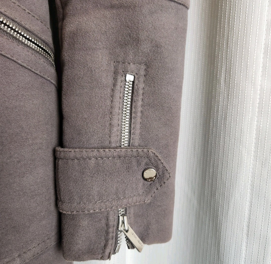 Karen Millen Faux Suede Asymmetric Zip Long Coat - Taupe Grey - UK 8