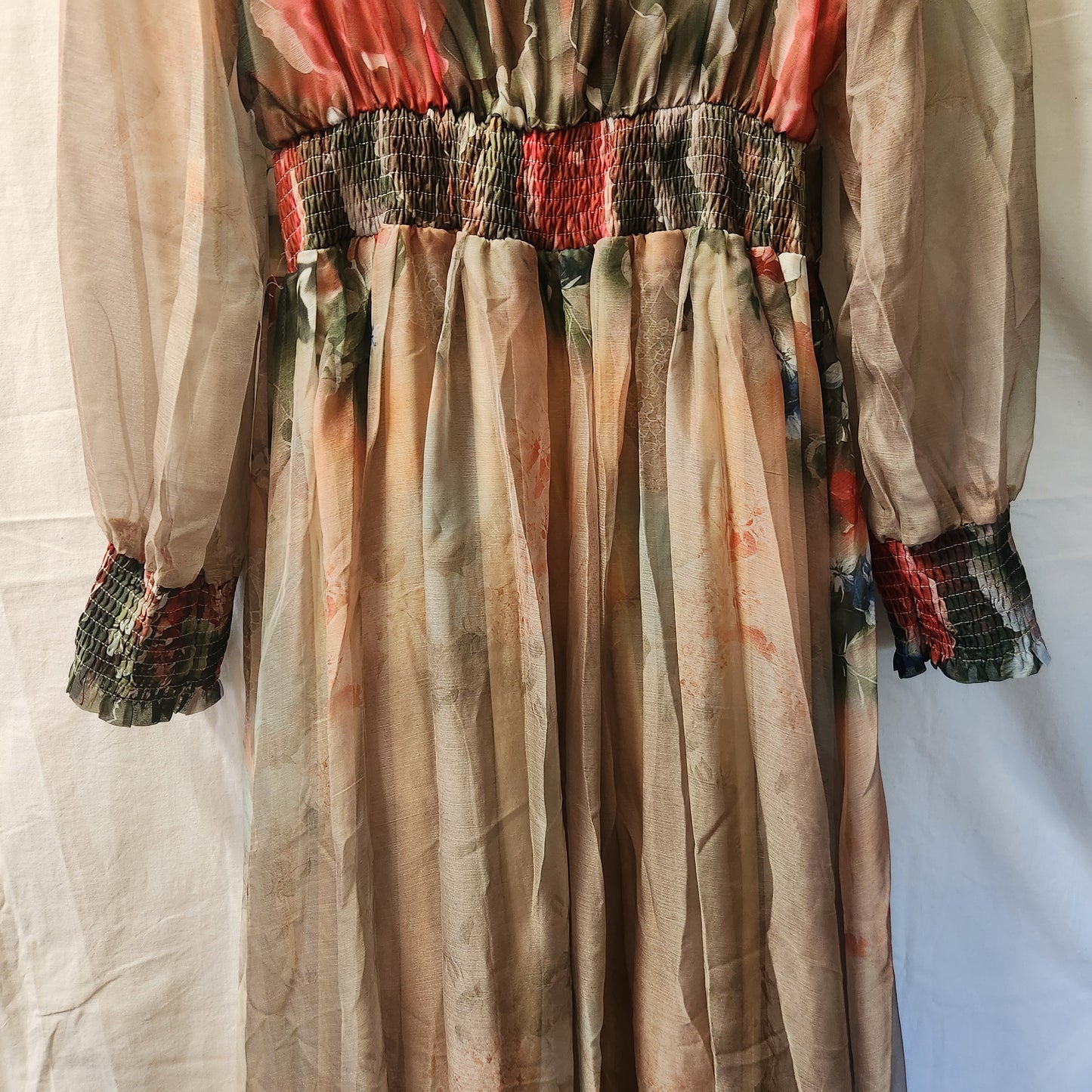 Toleen Women's Floral Maxi Dress Size M Sheer Long Sleeve Plunge Neck Elegant Occasion Dress
