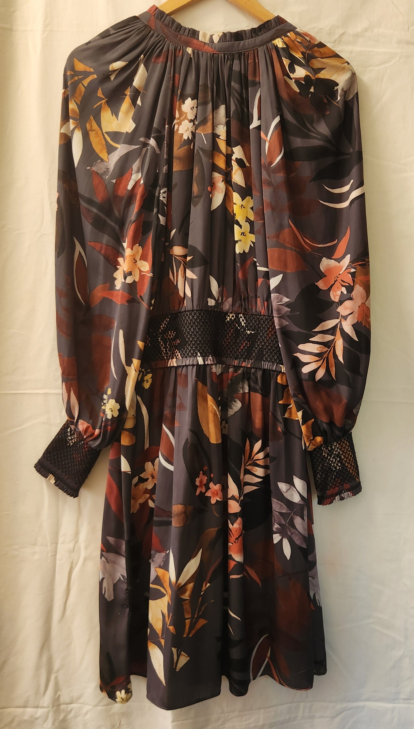 Witchery Floral Midi Dress | Long Sleeve | Sheer Overlay | Elegant Autumn Tones | Size 12