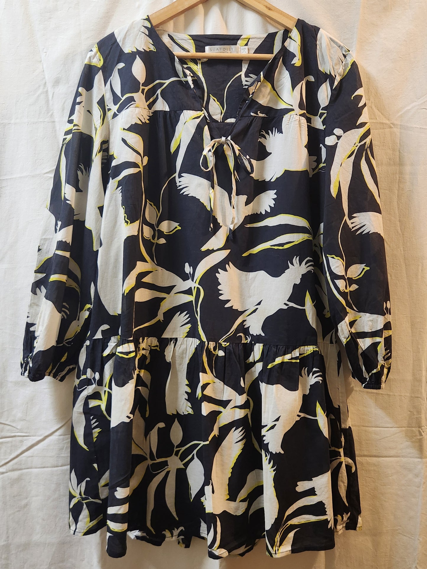 Seafolly Australia Bird Print Tiered Mini Dress Navy White Long Sleeve Size L