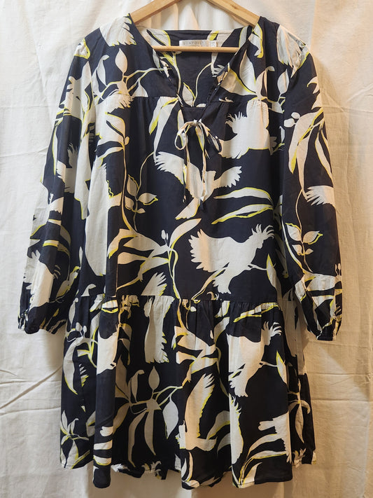 Seafolly Australia Bird Print Tiered Mini Dress Navy White Long Sleeve Size L