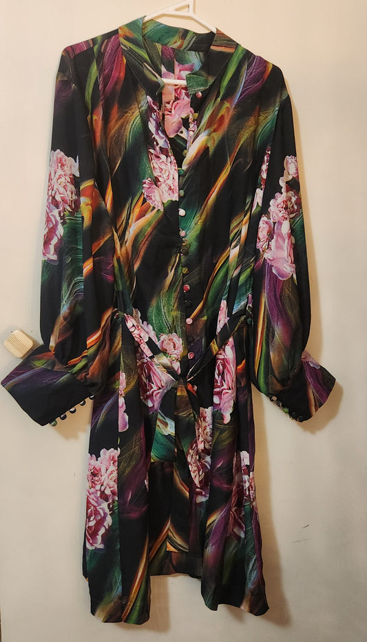 Tatiana Jewel Victorian Inspired Floral Midi Dress Black Pink Green Long Sleeve Belted
