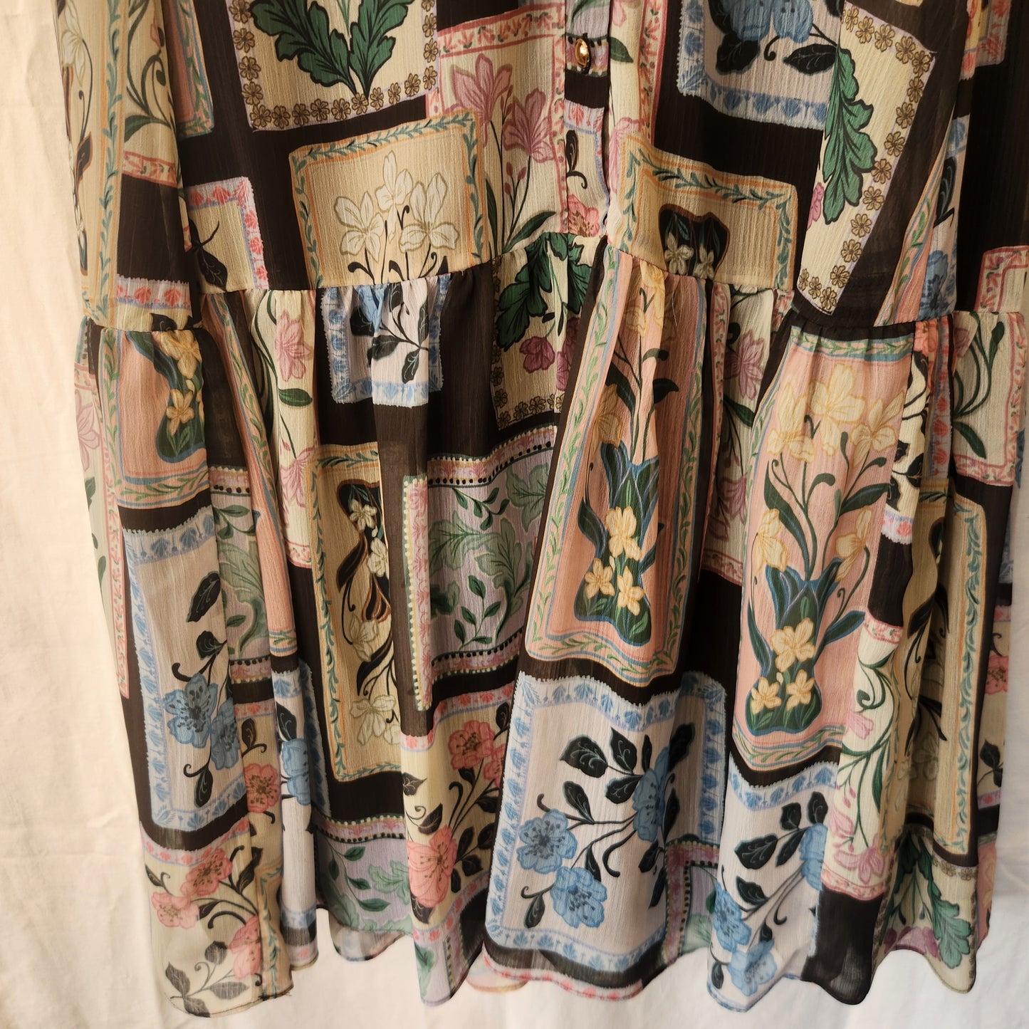 Portmans Floral Patchwork Midi Dress – Size 12 | Sheer Sleeves | Lined