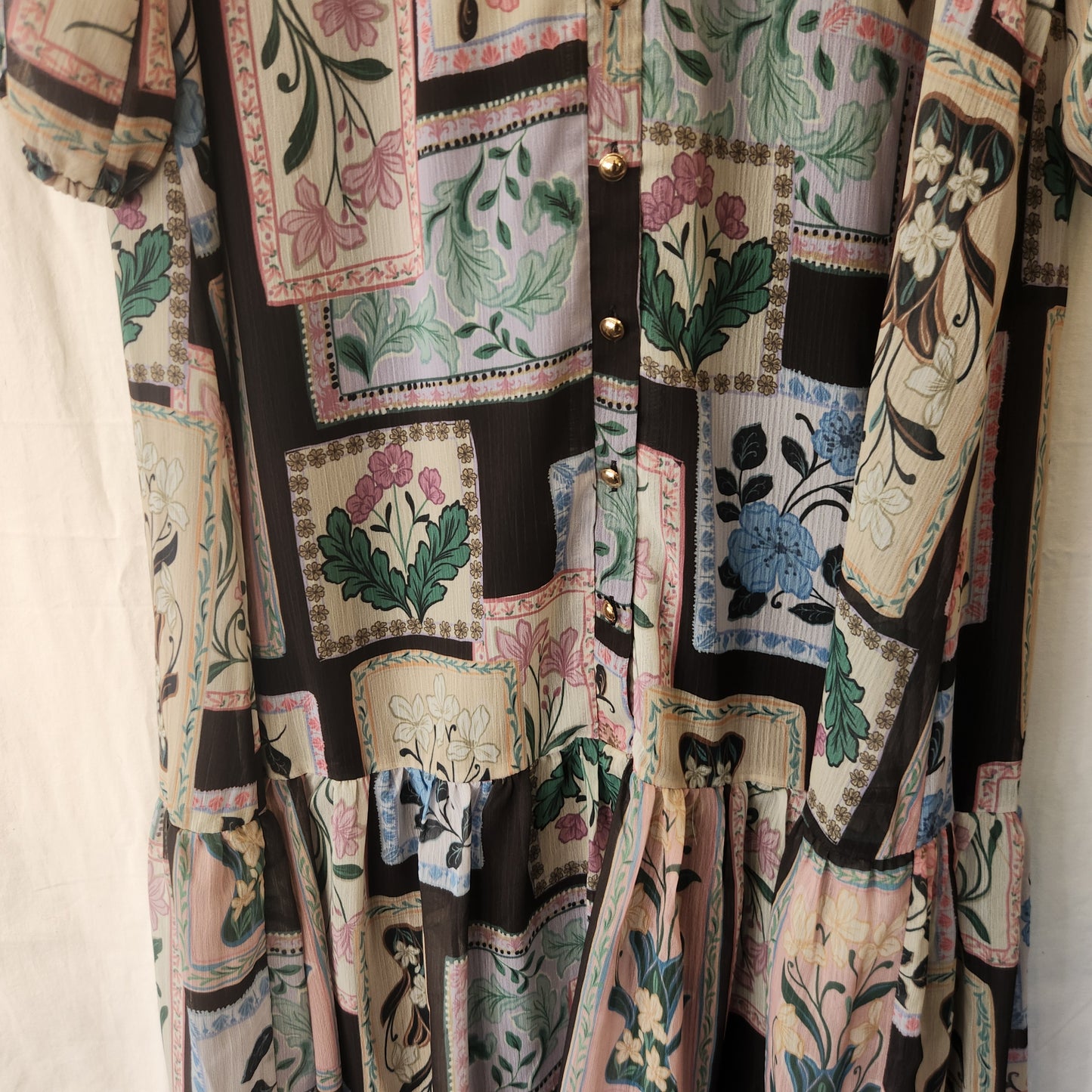 Portmans Floral Patchwork Midi Dress – Size 12 | Sheer Sleeves | Lined