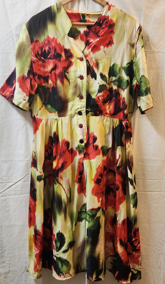 Women's Watercolour Floral Midi Dress Red Green Yellow Button Front Size L