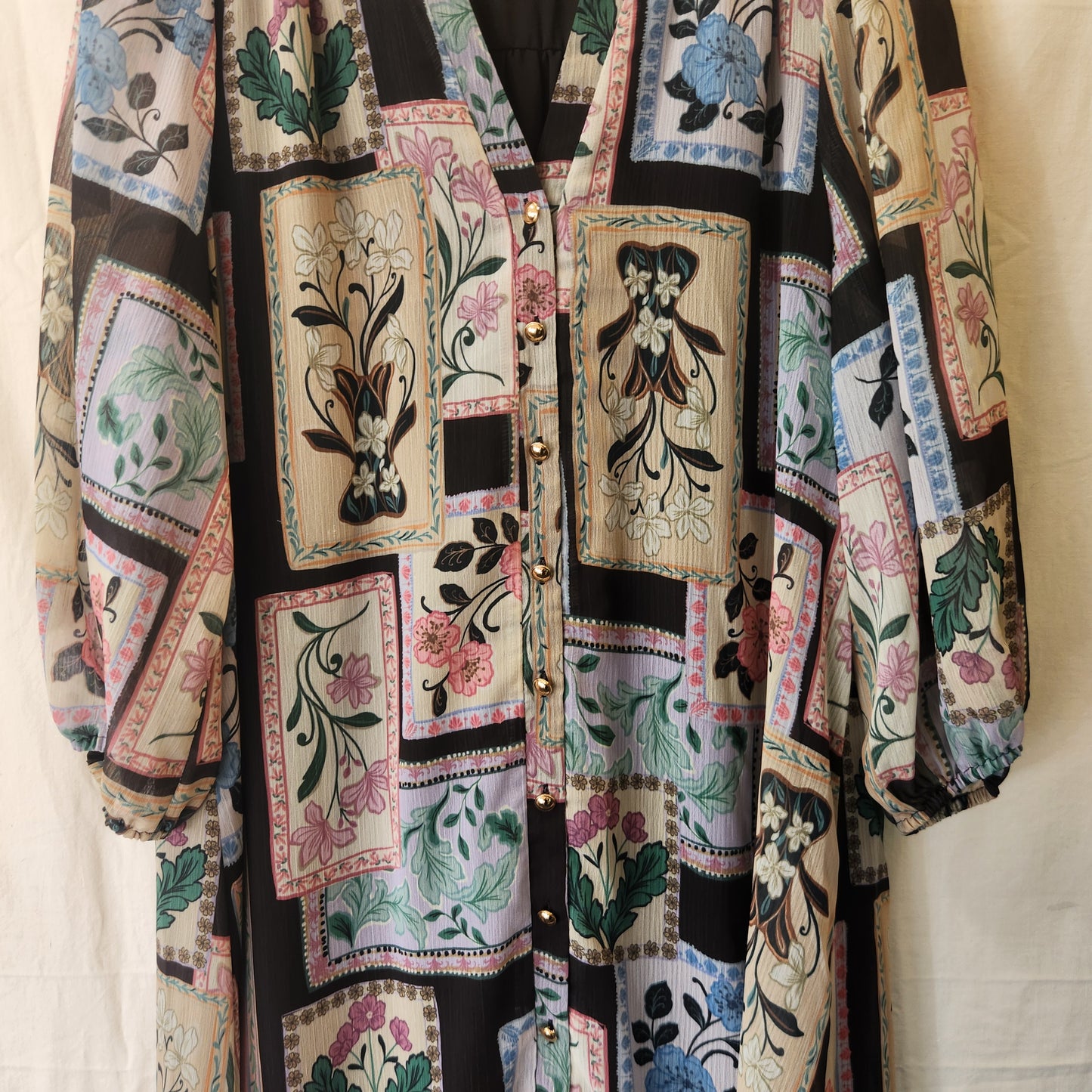 Portmans Floral Patchwork Midi Dress – Size 12 | Sheer Sleeves | Lined