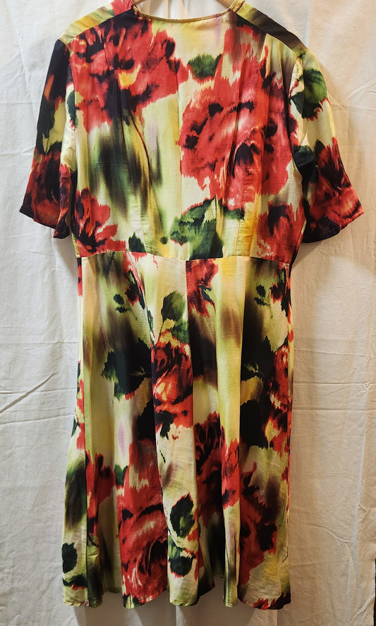 Women's Watercolour Floral Midi Dress Red Green Yellow Button Front Size L