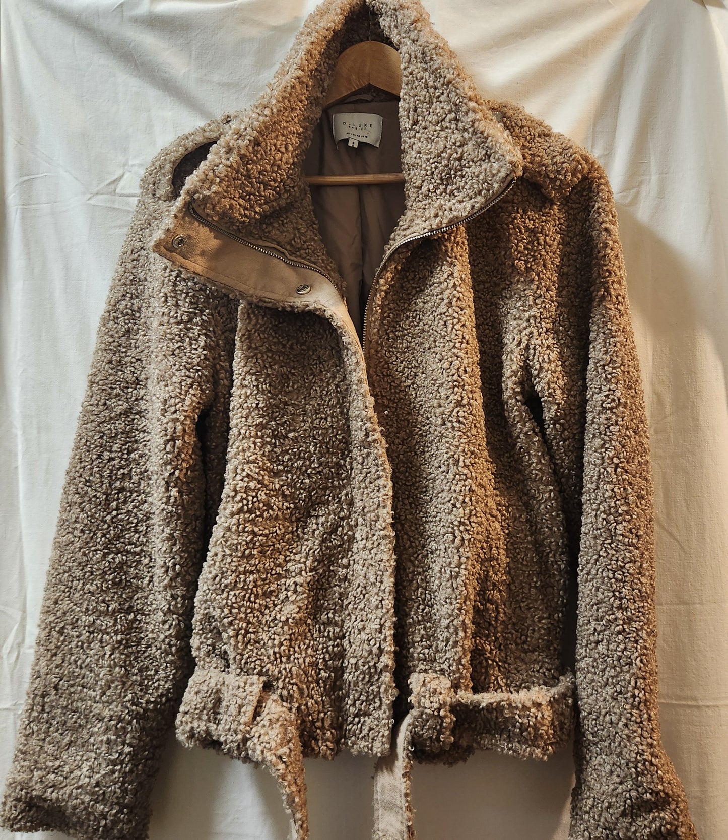 D-Luxe Basics Teddy Biker Jacket Large Beige Sherpa Faux Shearling Moto Jacket
