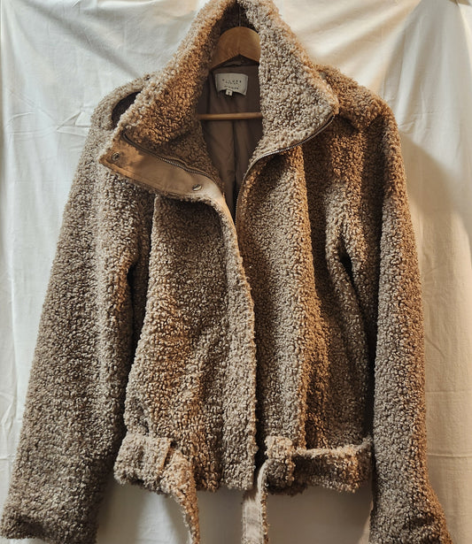 D-Luxe Basics Teddy Biker Jacket Large Beige Sherpa Faux Shearling Moto Jacket