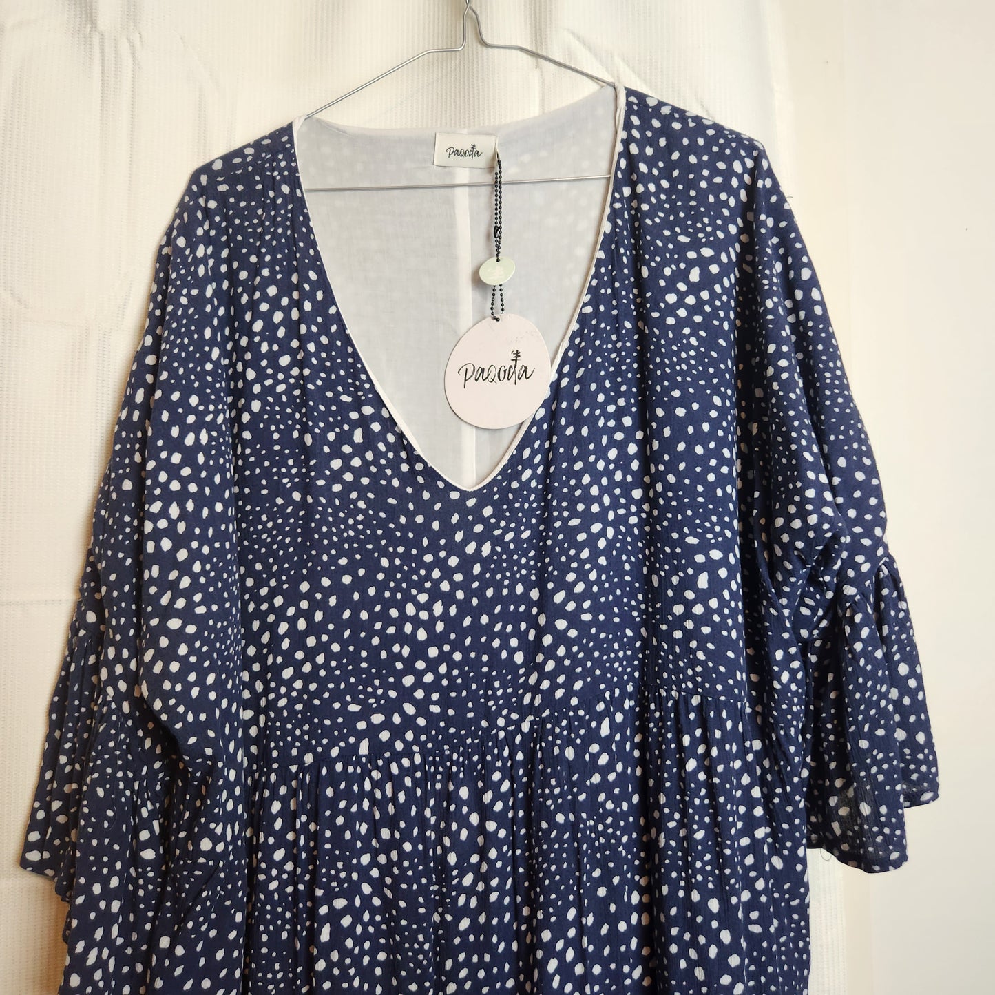 BNWT Paqoda Tuhu Dress Dusted Ink Blue White Spot Print Rayon Size 4