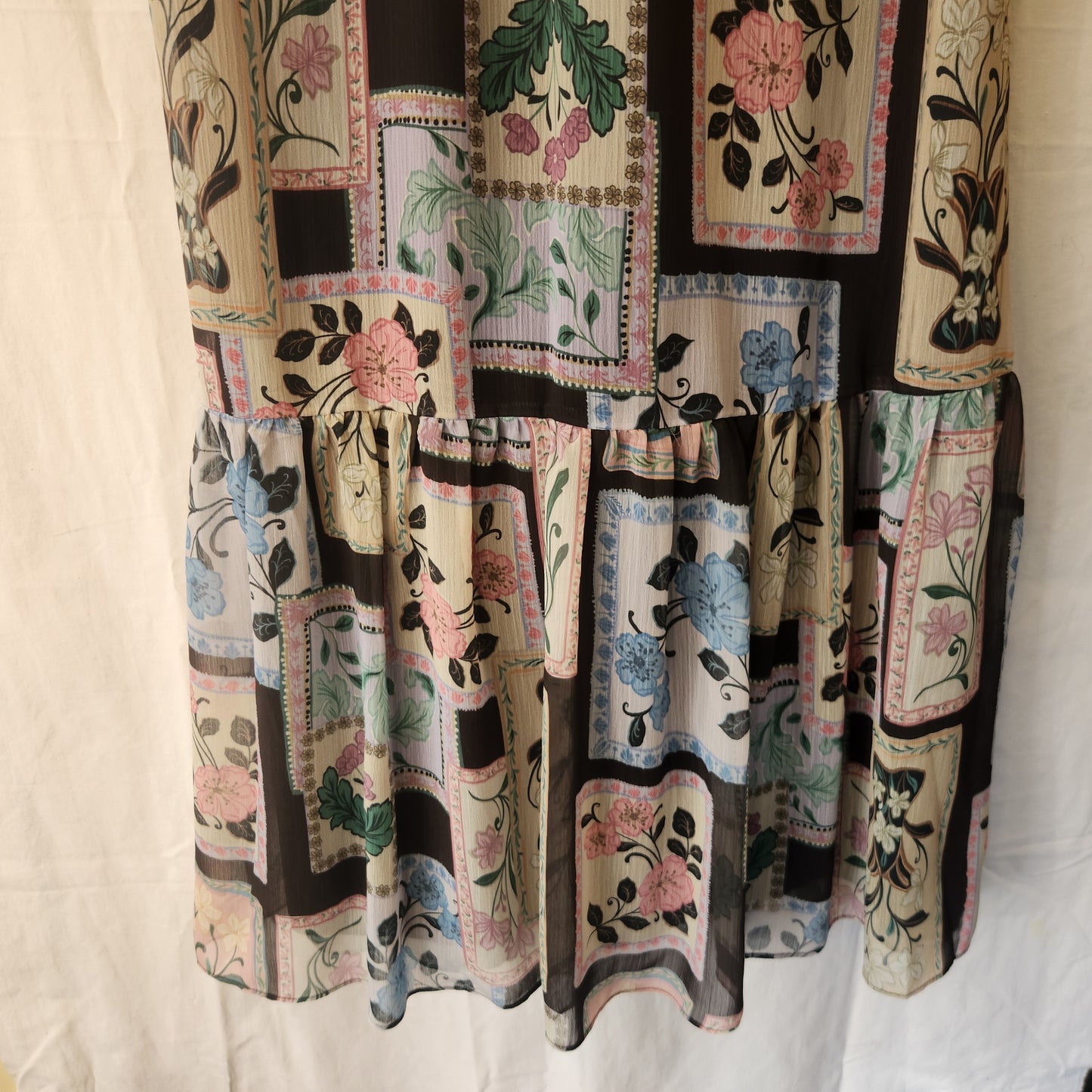 Portmans Floral Patchwork Midi Dress – Size 12 | Sheer Sleeves | Lined