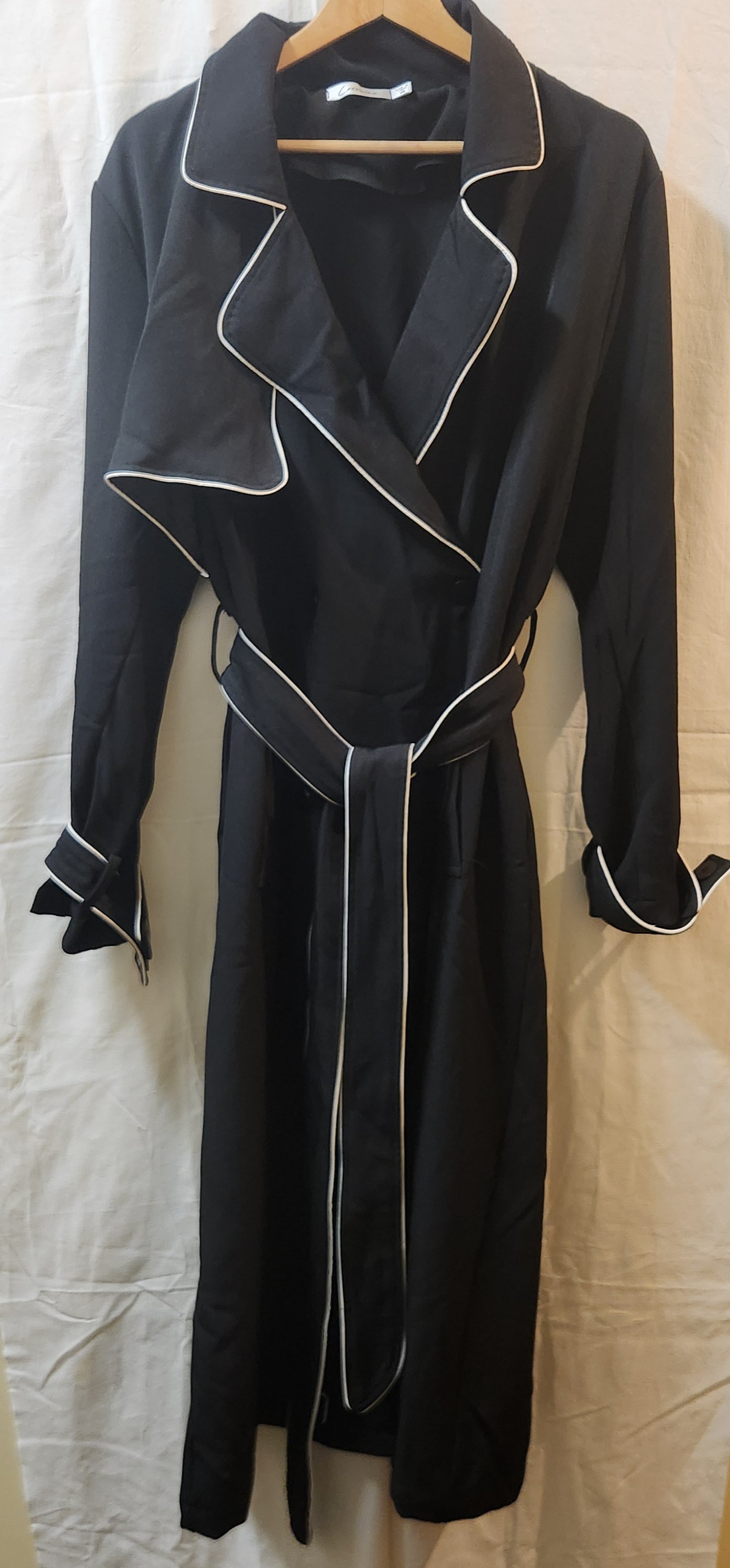Lorraine Black Longline Trench Coat Size 16 | White Contrast Trim | Belted Lightweight Jacket