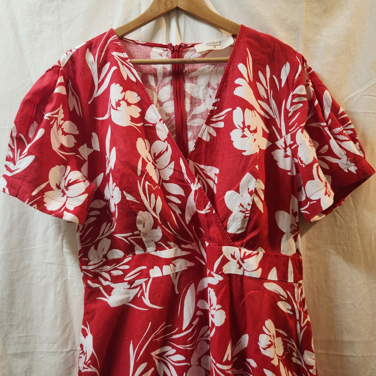 Jacqui E Linen Collection Red Floral Wrap Style Midi Dress Size 18