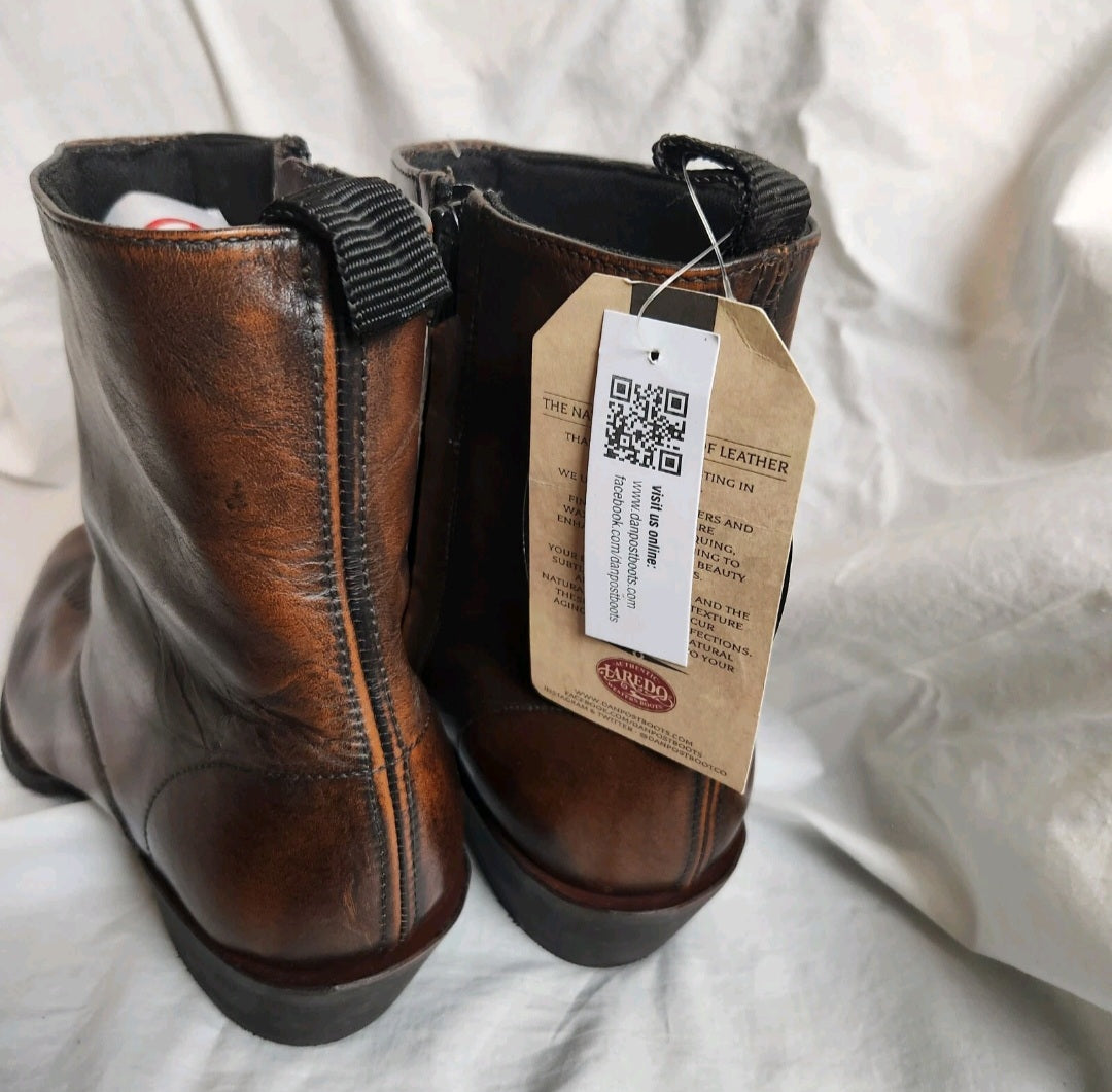 Laredo Men's Leather Western Ankle Boots Tan Brown Side Zip US 9D BNIB