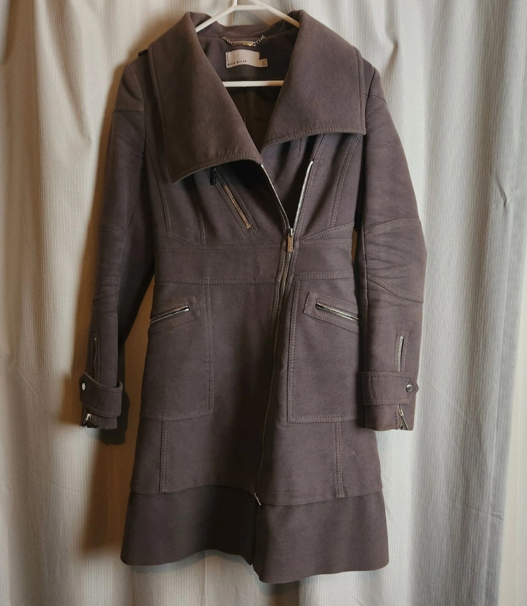 Karen Millen Faux Suede Asymmetric Zip Long Coat - Taupe Grey - UK 8