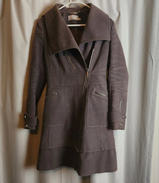 Karen Millen Faux Suede Asymmetric Zip Long Coat - Taupe Grey - UK 8