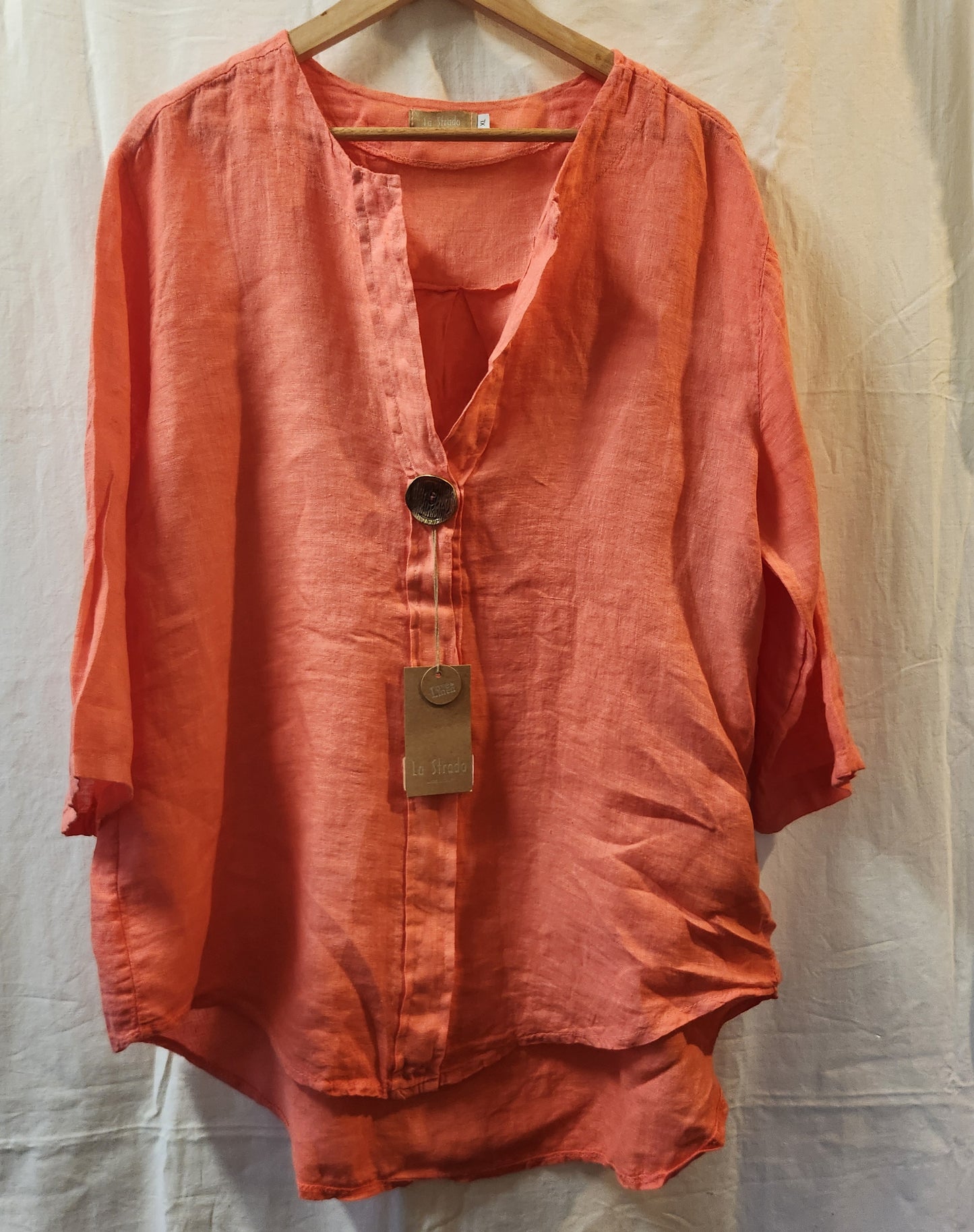 La Strada Fernanda 100% Linen Blouse Coral Size XL Made in Italy NWT
