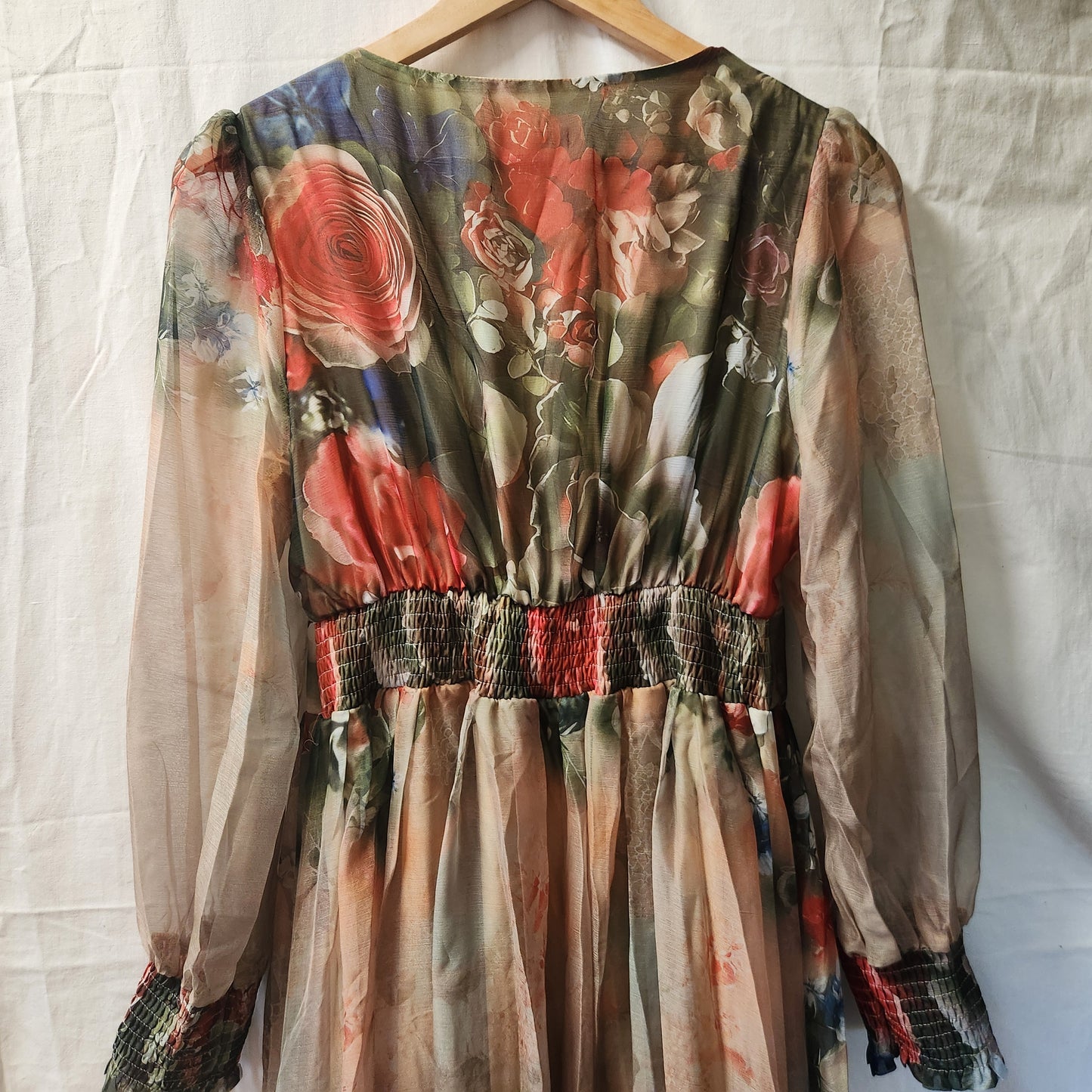 Toleen Women's Floral Maxi Dress Size M Sheer Long Sleeve Plunge Neck Elegant Occasion Dress