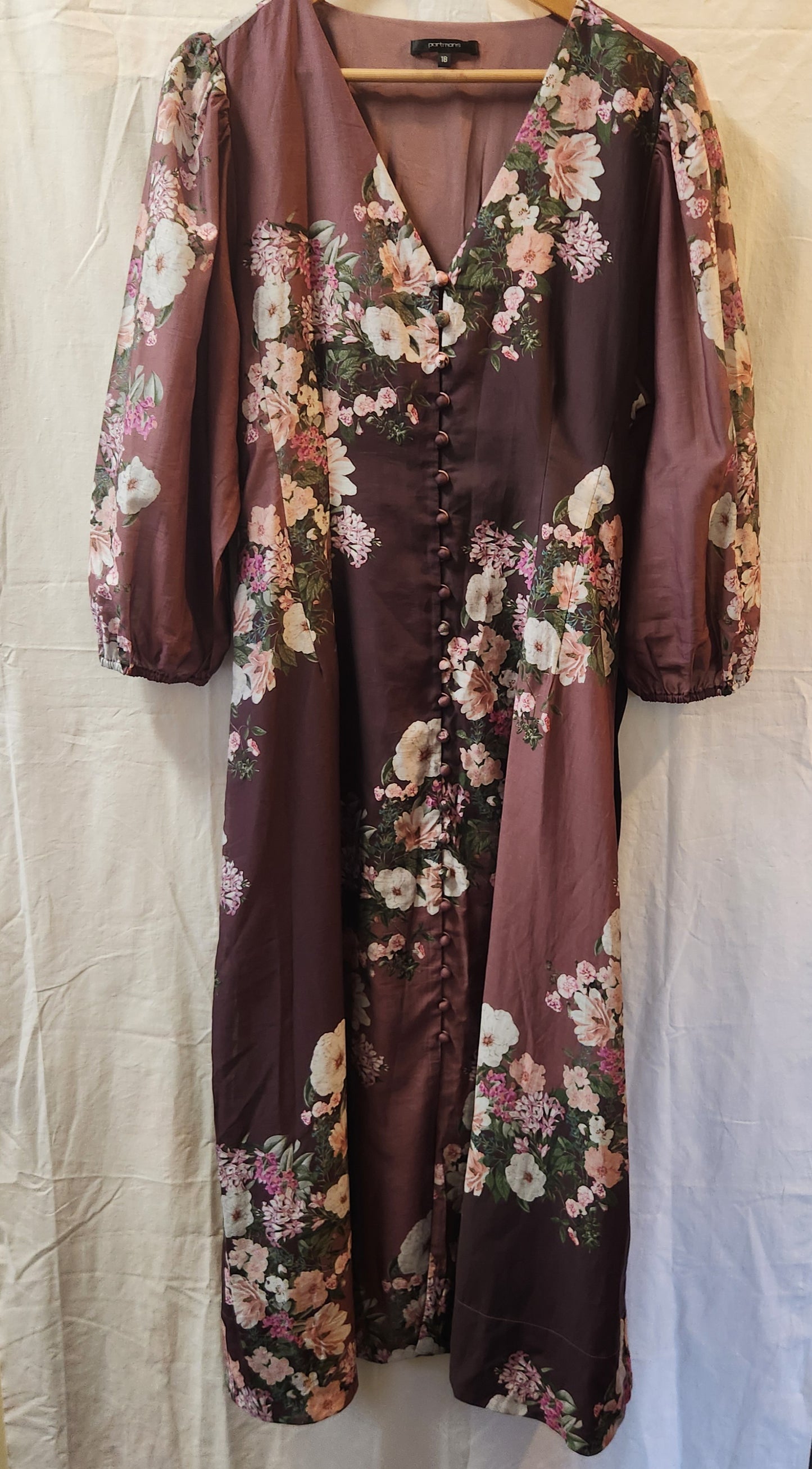 Portmans Floral Maxi Dress | Mauve Button Front Belted | Size 18