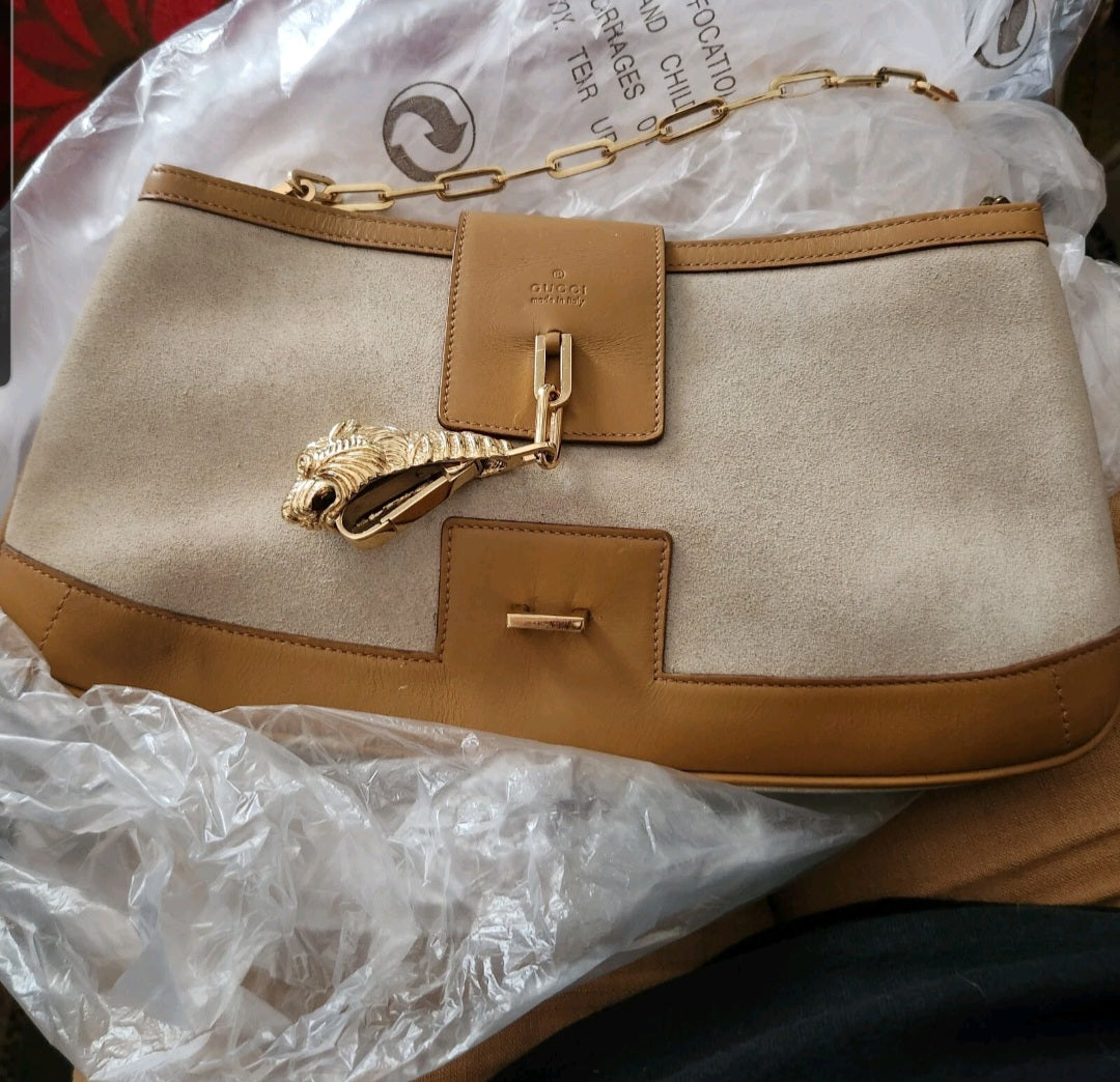 Authentic Gucci Tom Ford Tiger Charm Suede & Leather Shoulder Bag – Made in Italy