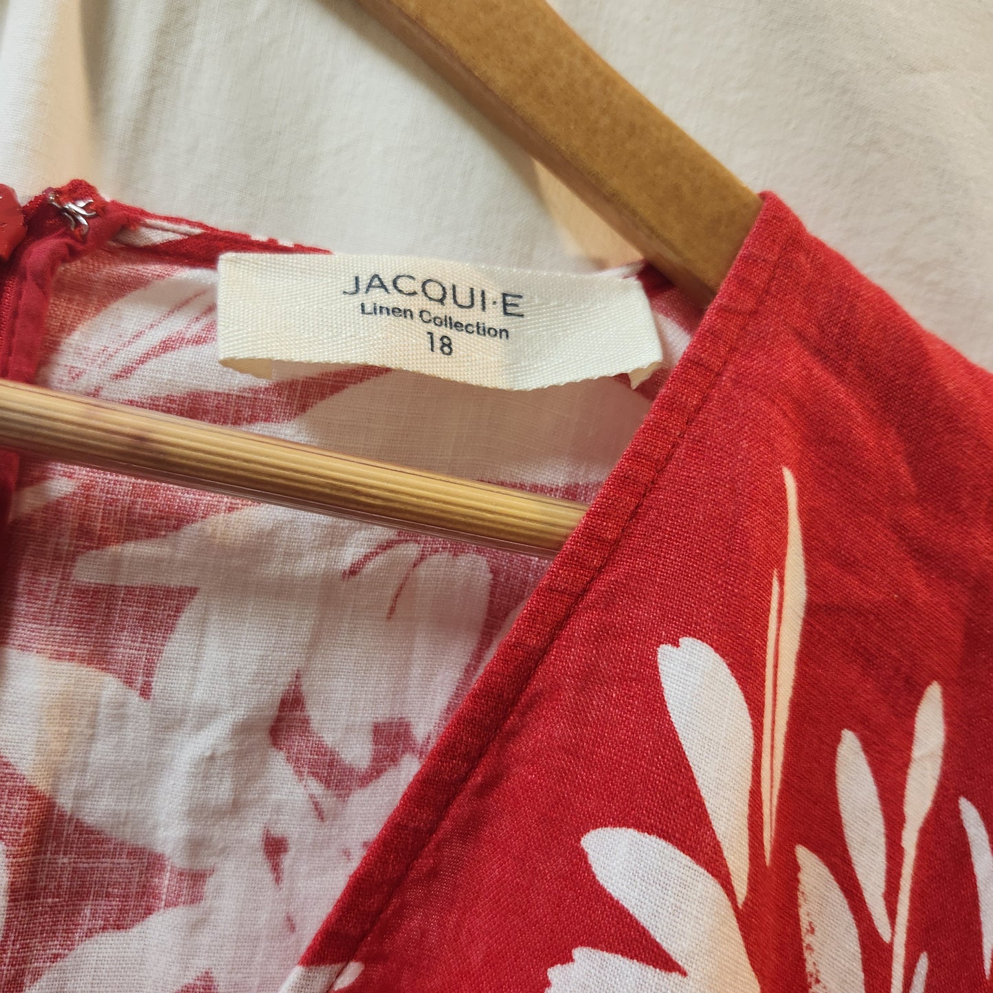 Jacqui E Linen Collection Red Floral Wrap Style Midi Dress Size 18