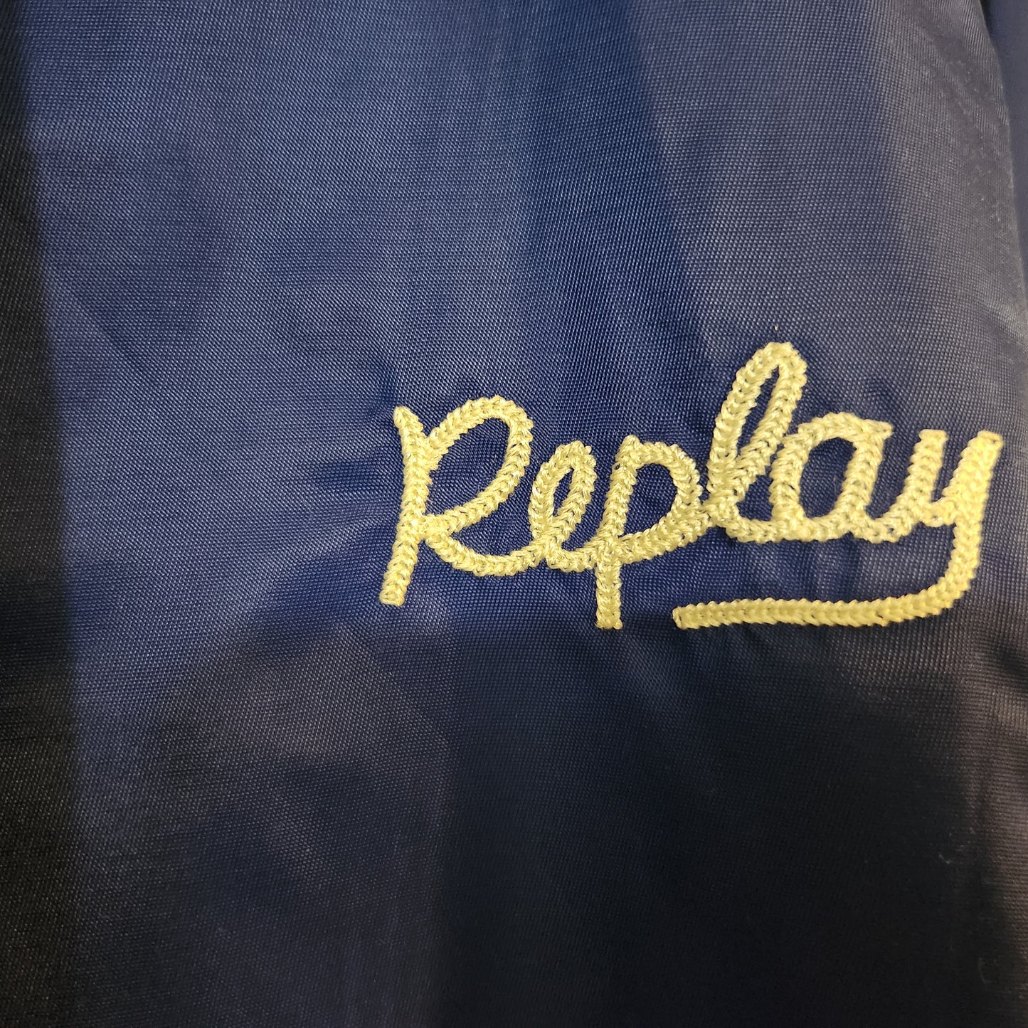 Replay Blue Jeans Inc Coach Jacket Blue Embroidered Logo Snap Front Size M Vintage Style