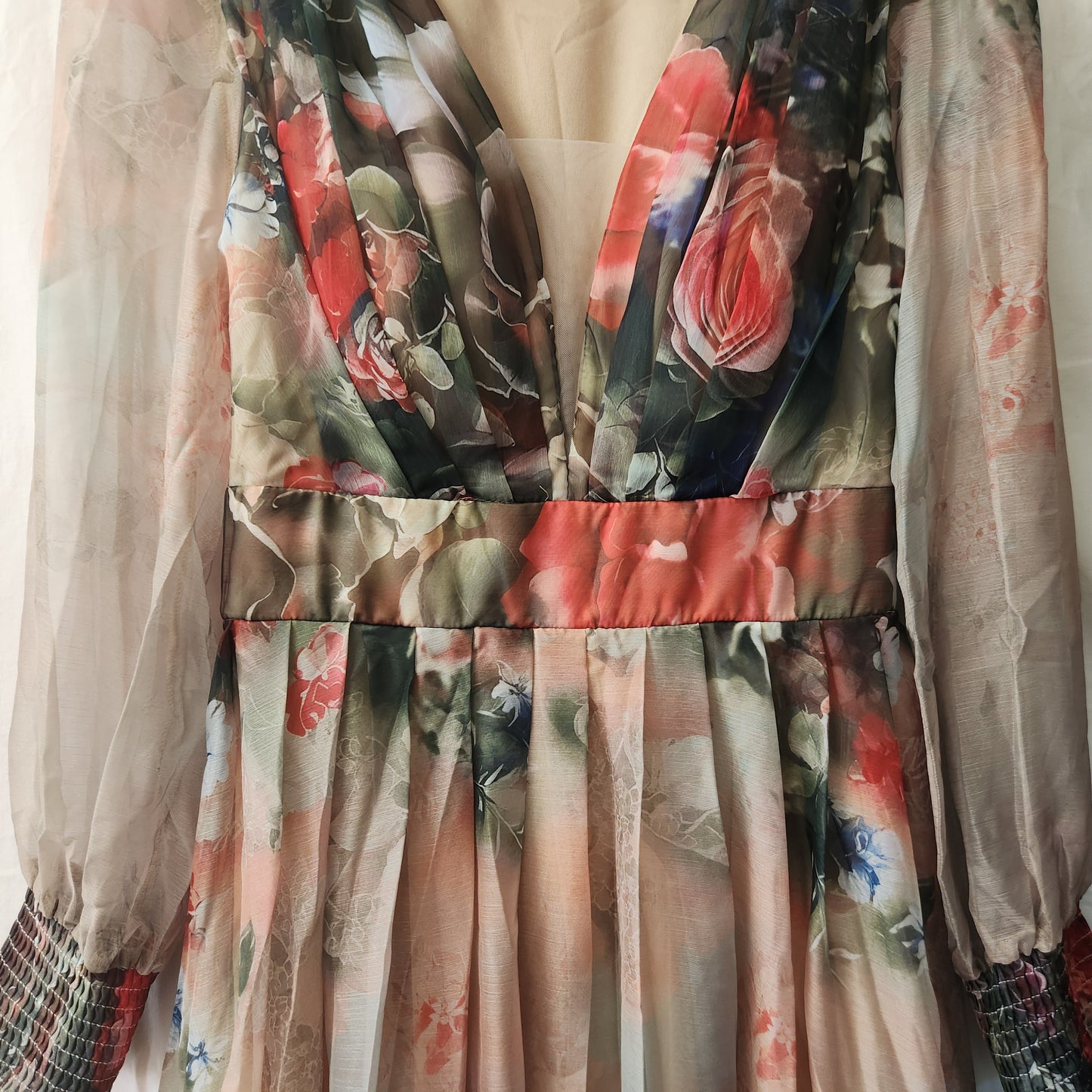 Toleen Women's Floral Maxi Dress Size M Sheer Long Sleeve Plunge Neck Elegant Occasion Dress