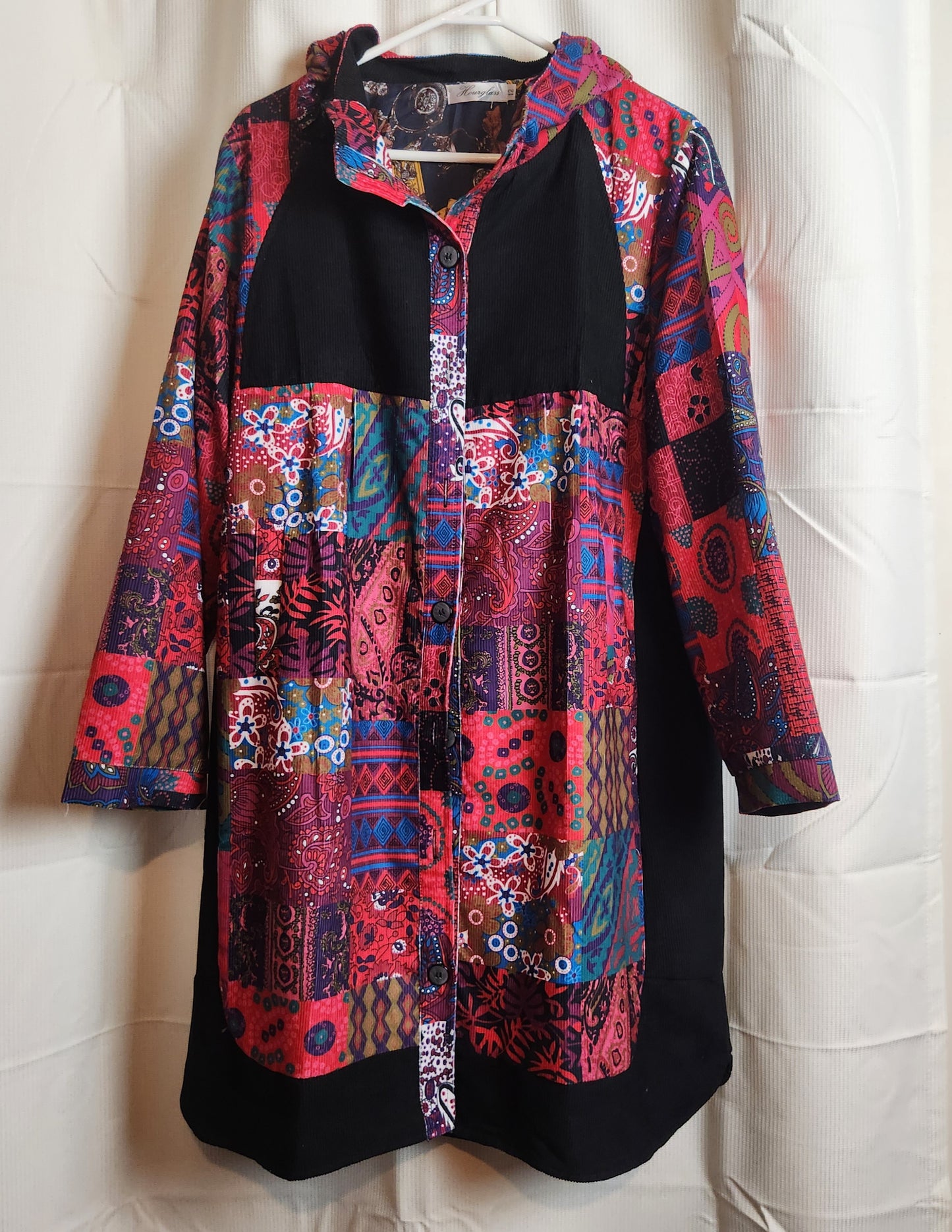 Hourglass Patchwork Corduroy Hooded Jacket | Size 12 | Button Front Coat