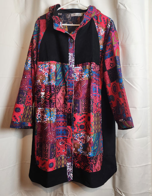 Hourglass Patchwork Corduroy Hooded Jacket | Size 12 | Button Front Coat