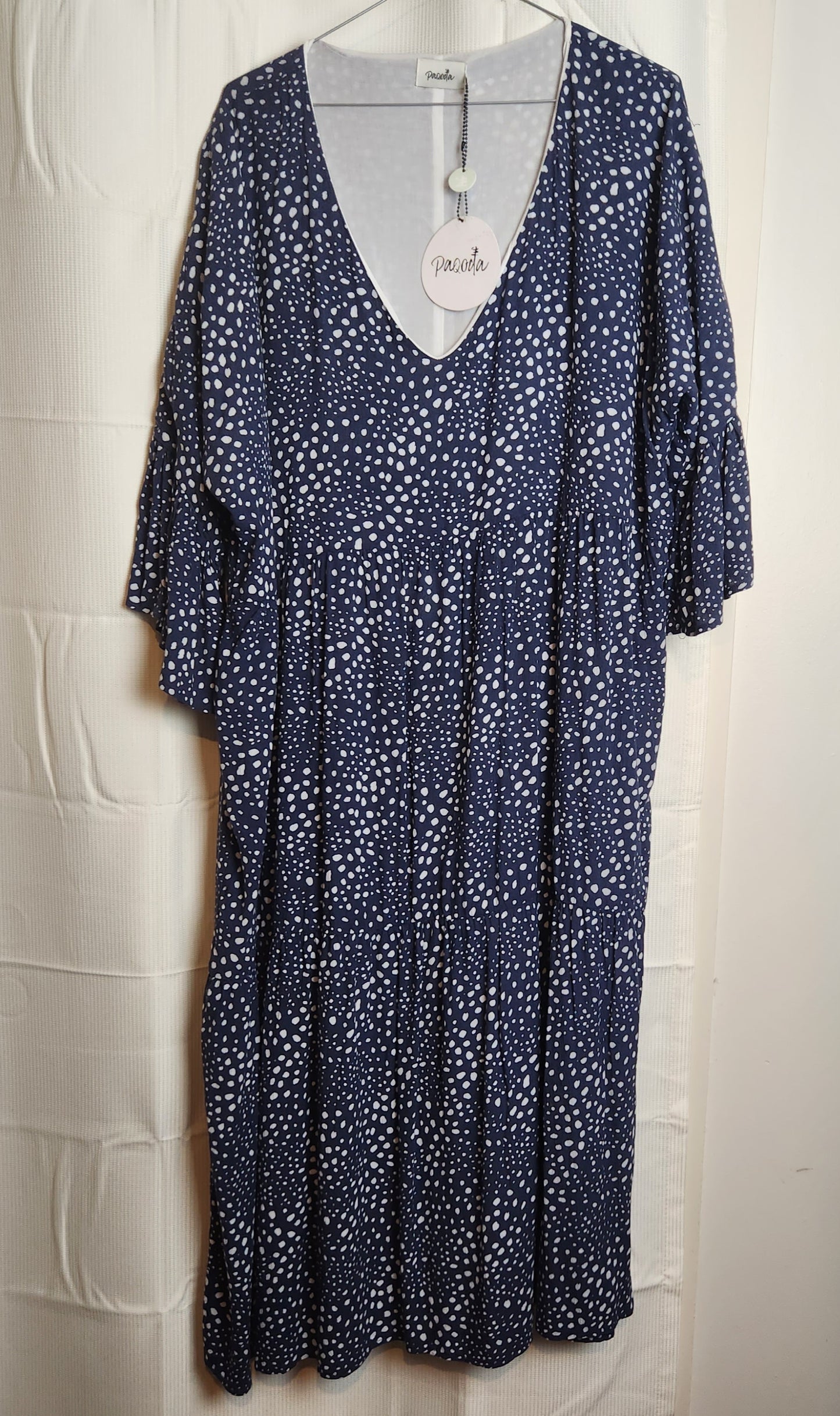 BNWT Paqoda Tuhu Dress Dusted Ink Blue White Spot Print Rayon Size 4