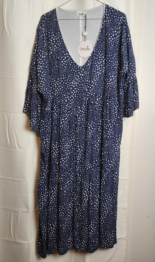 BNWT Paqoda Tuhu Dress Dusted Ink Blue White Spot Print Rayon Size 4