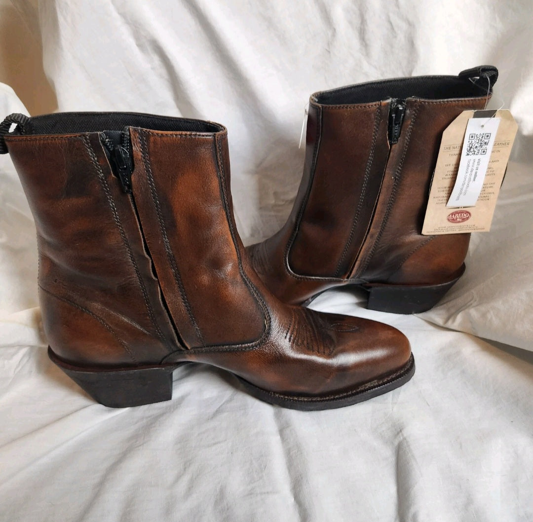 Laredo Men's Leather Western Ankle Boots Tan Brown Side Zip US 9D BNIB