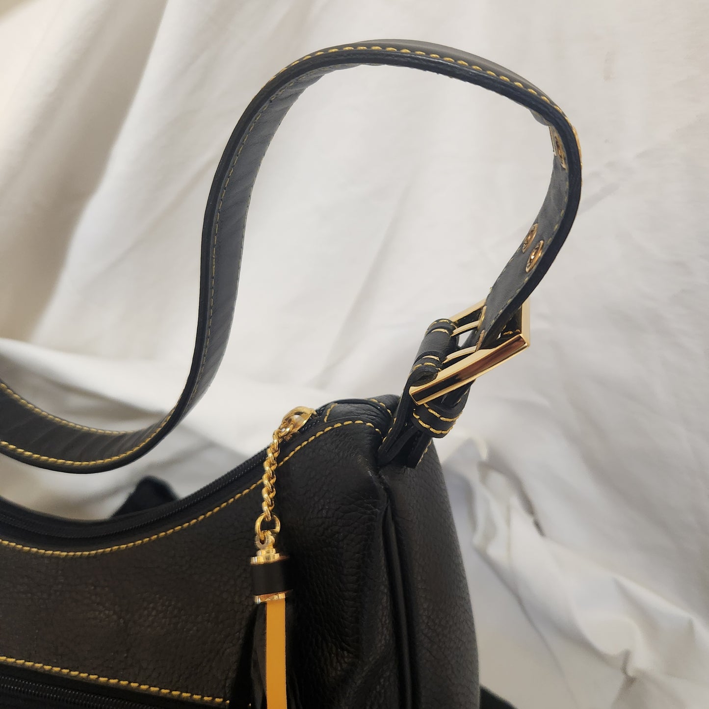 Pelle Bora Black Pebbled Leather Shoulder Bag | Gold Hardware | Dust Bag Included