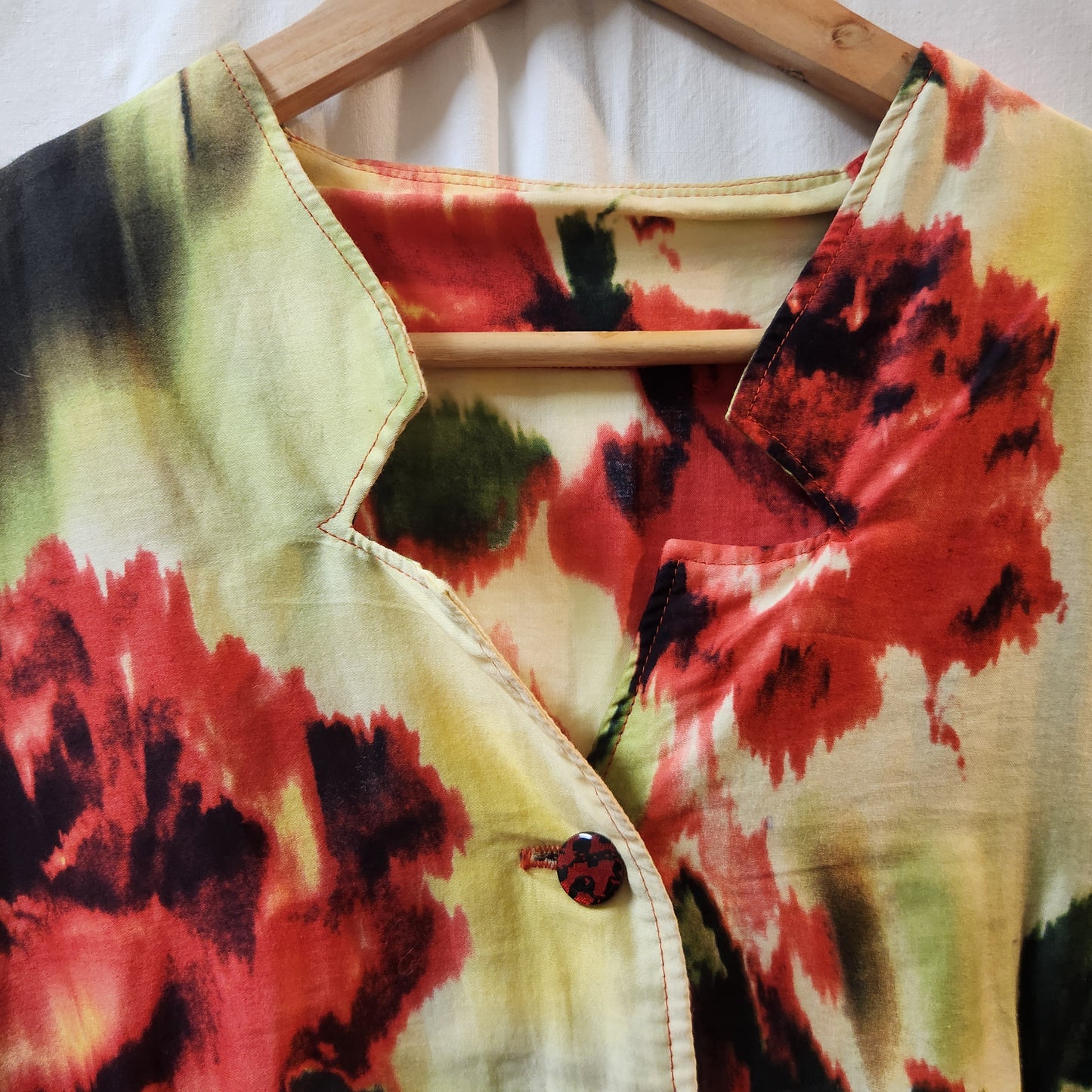 Women's Watercolour Floral Midi Dress Red Green Yellow Button Front Size L