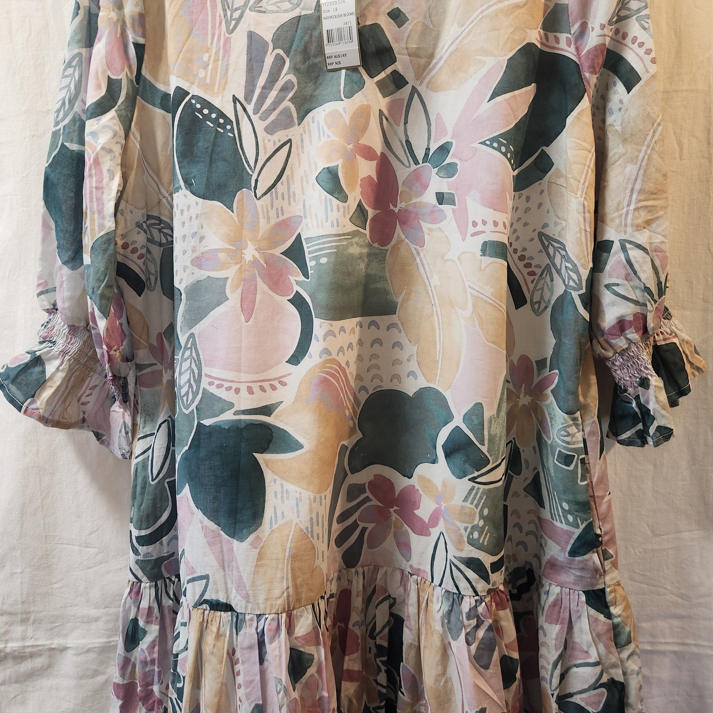 Yarra Trail Watercolour Blooms Cotton Tiered Midi Dress Size 18 NWT