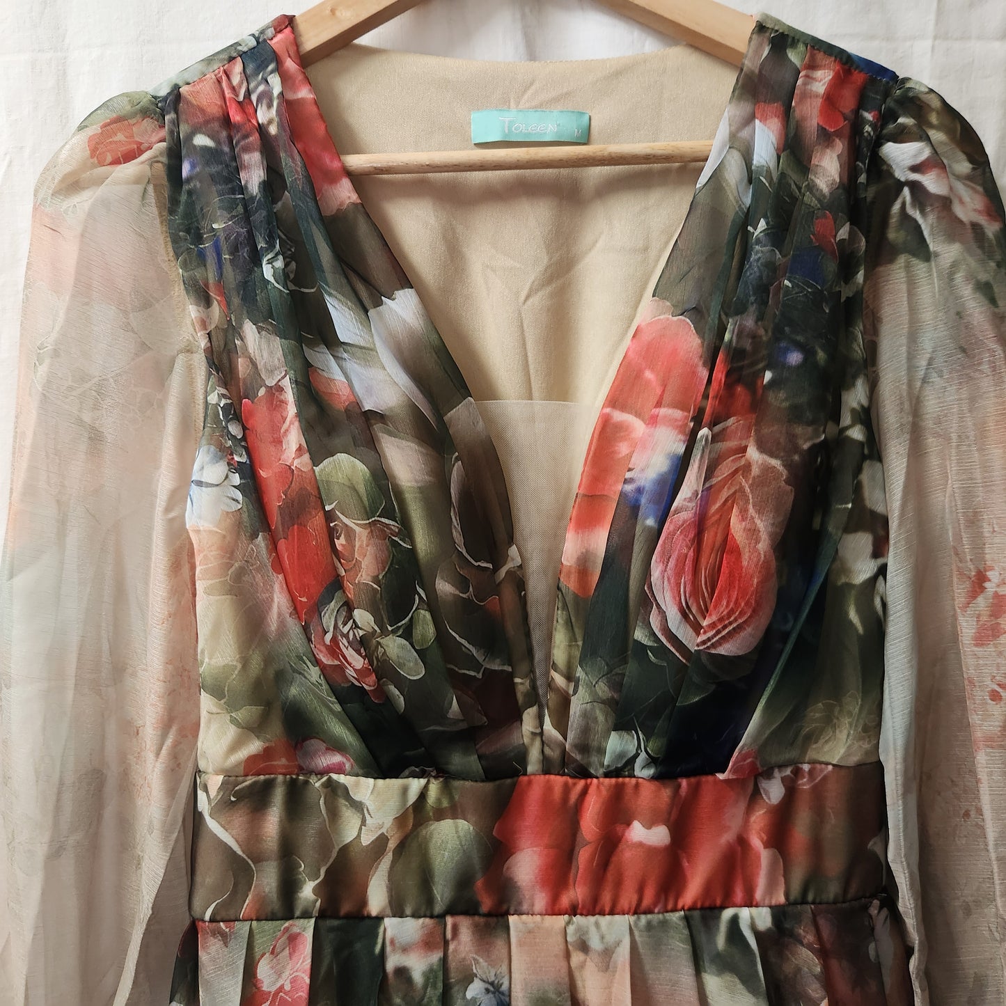 Toleen Women's Floral Maxi Dress Size M Sheer Long Sleeve Plunge Neck Elegant Occasion Dress