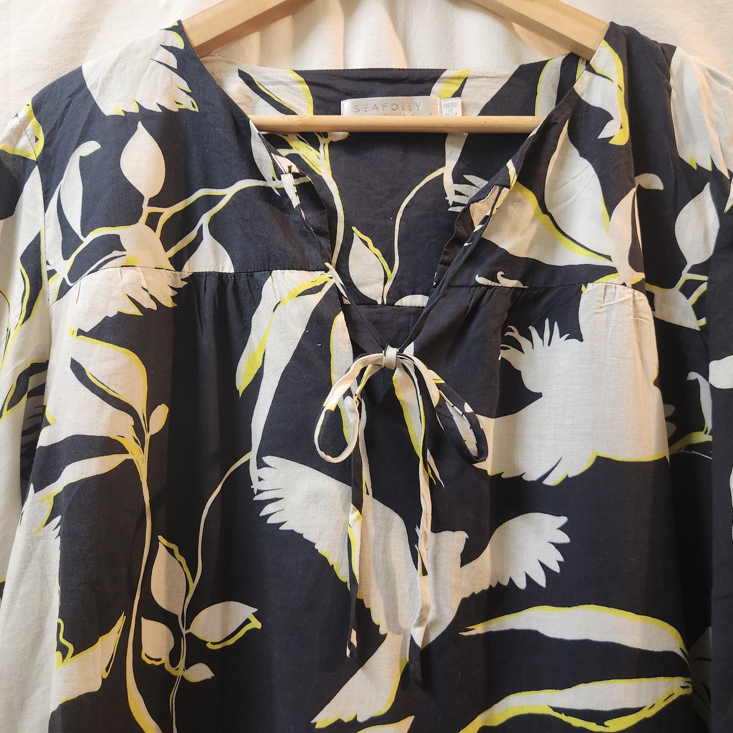 Seafolly Australia Bird Print Tiered Mini Dress Navy White Long Sleeve Size L