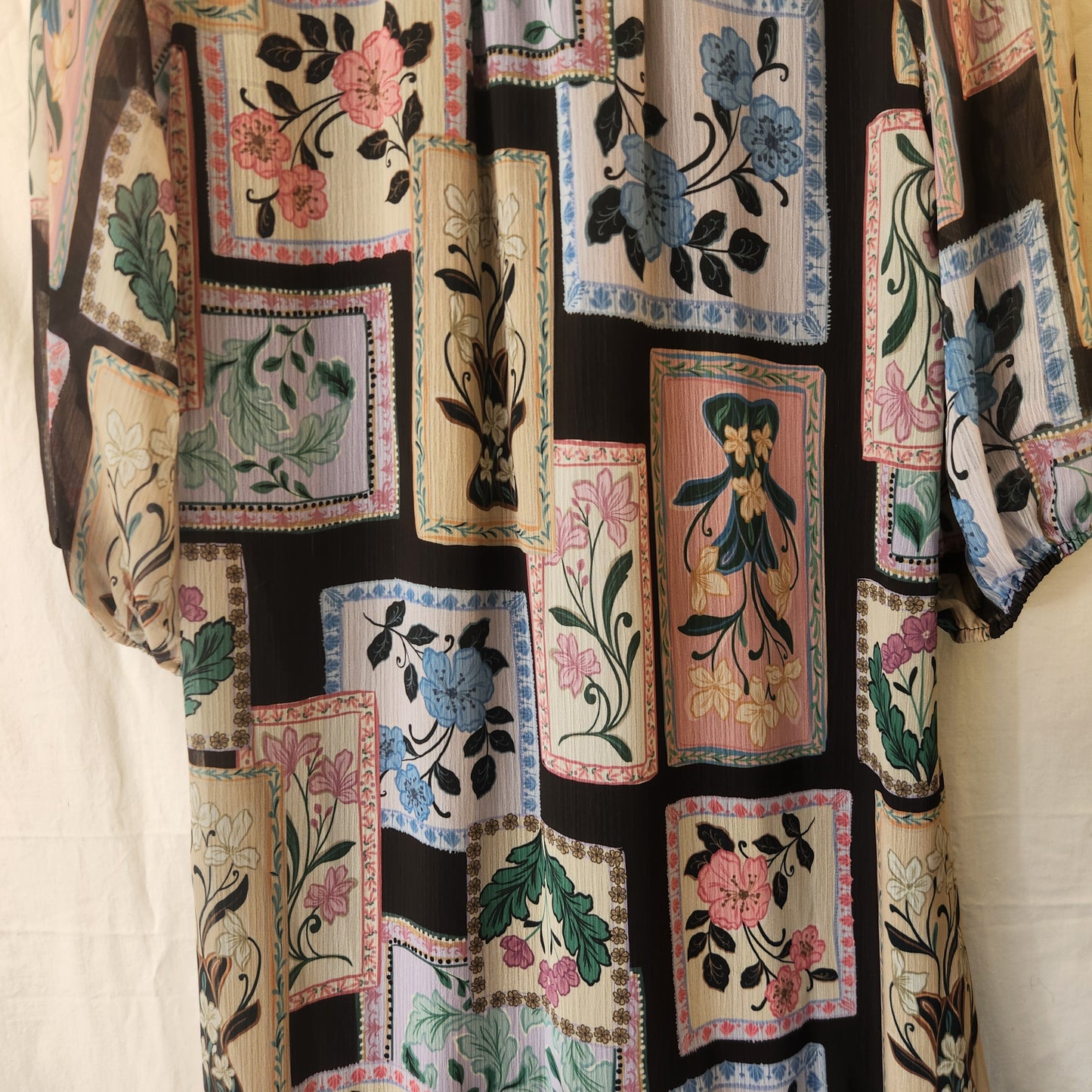 Portmans Floral Patchwork Midi Dress – Size 12 | Sheer Sleeves | Lined