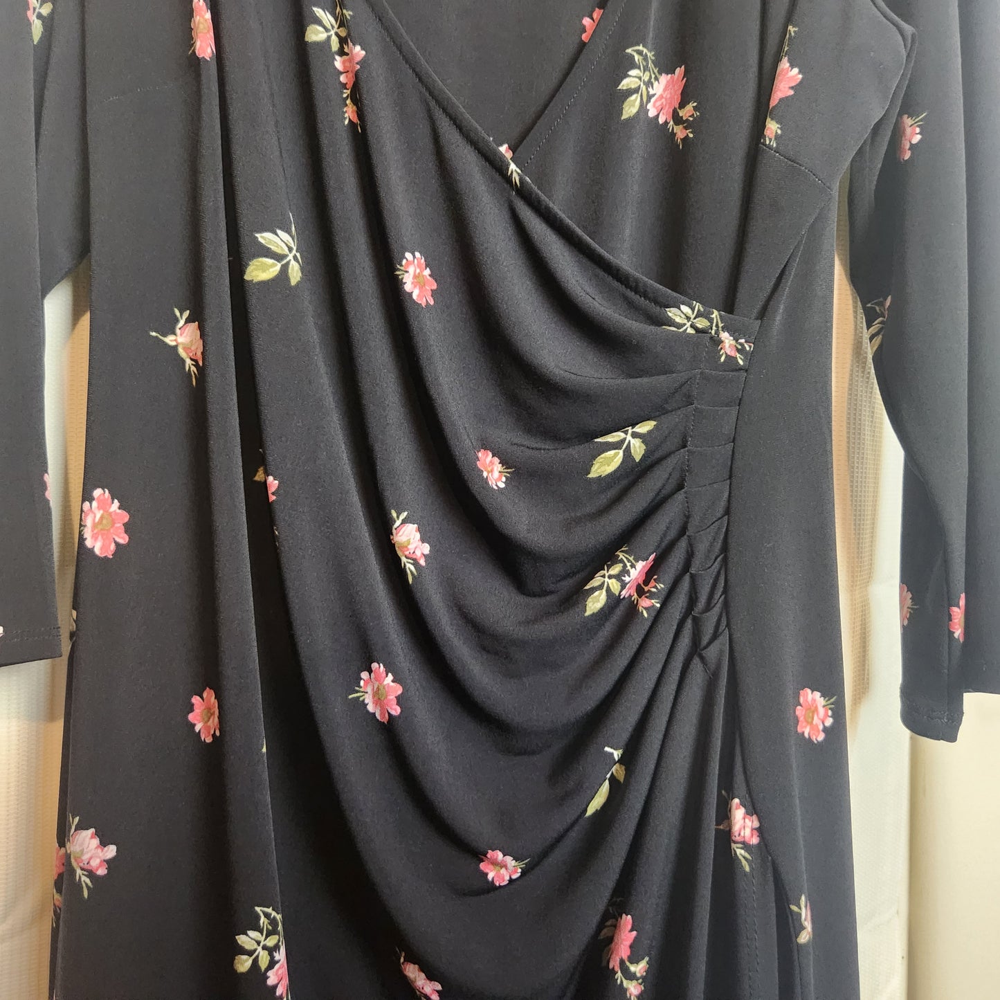 Laura Ashley Black Floral Ruched Wrap Midi Dress | UK 16