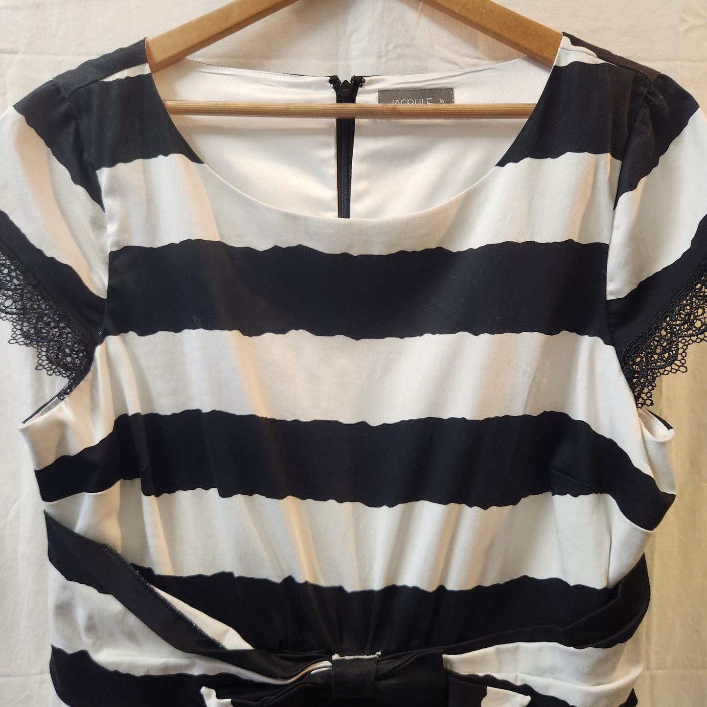 Jacqui E Black & White Striped Fit & Flare Dress | Lace Trim | Size 16