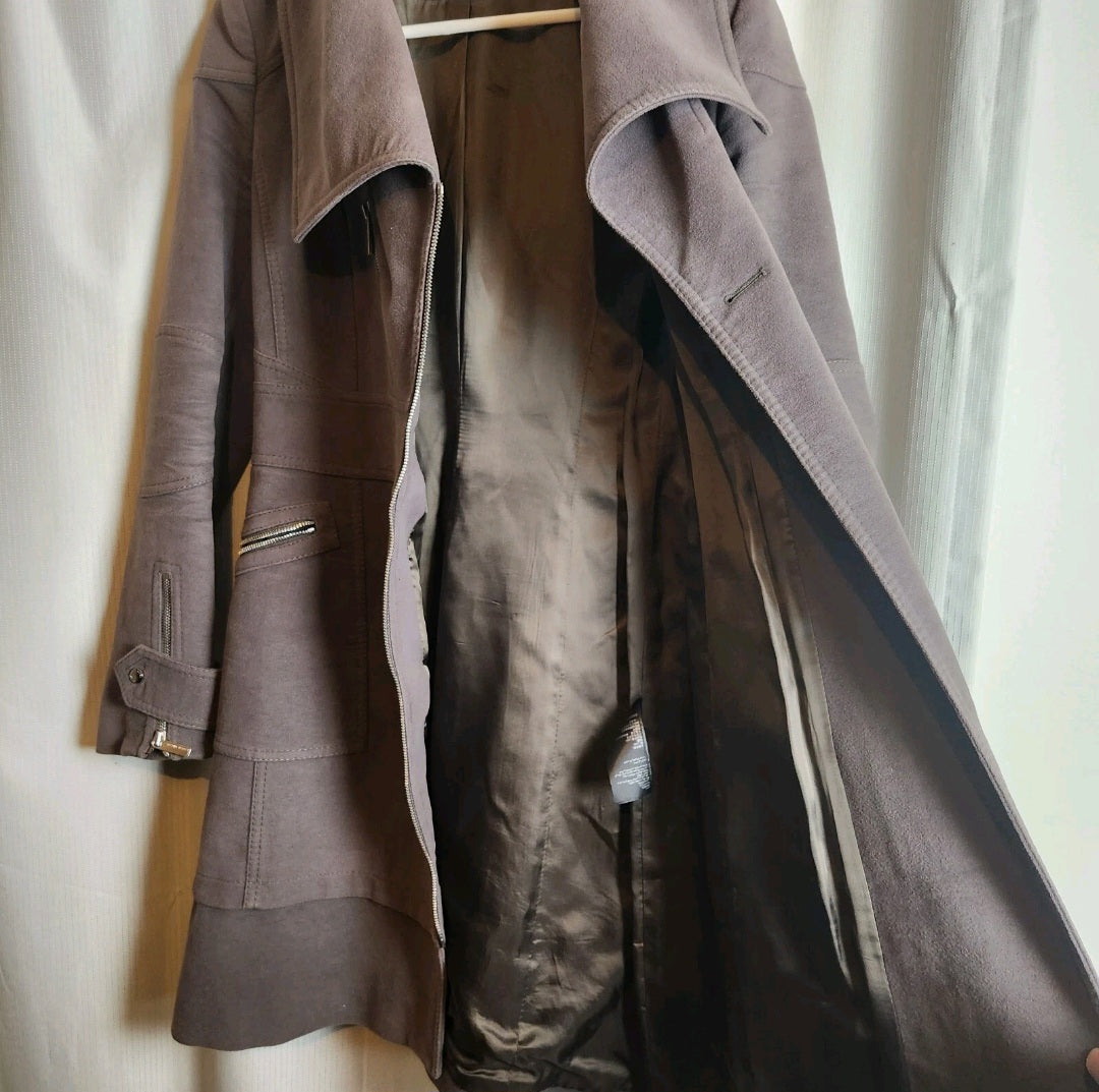 Karen Millen Faux Suede Asymmetric Zip Long Coat - Taupe Grey - UK 8
