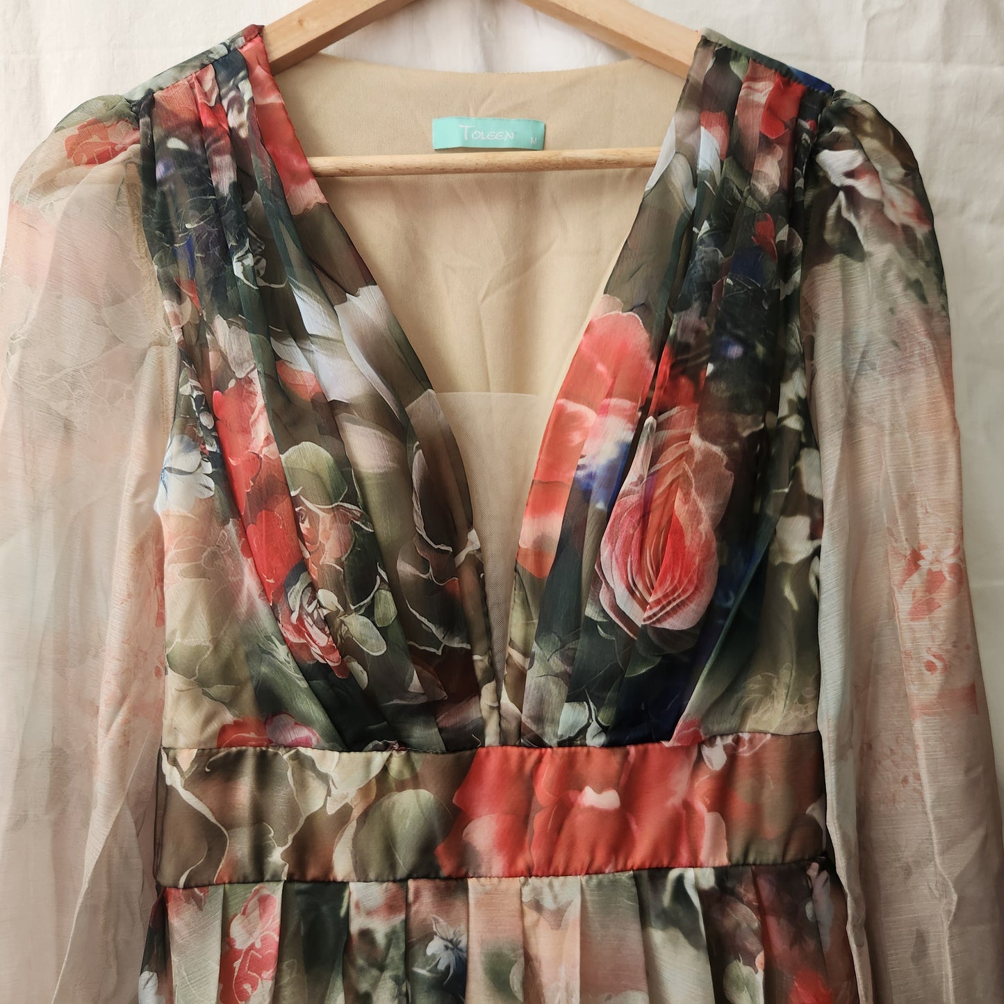 Toleen Women's Floral Maxi Dress Size M Sheer Long Sleeve Plunge Neck Elegant Occasion Dress