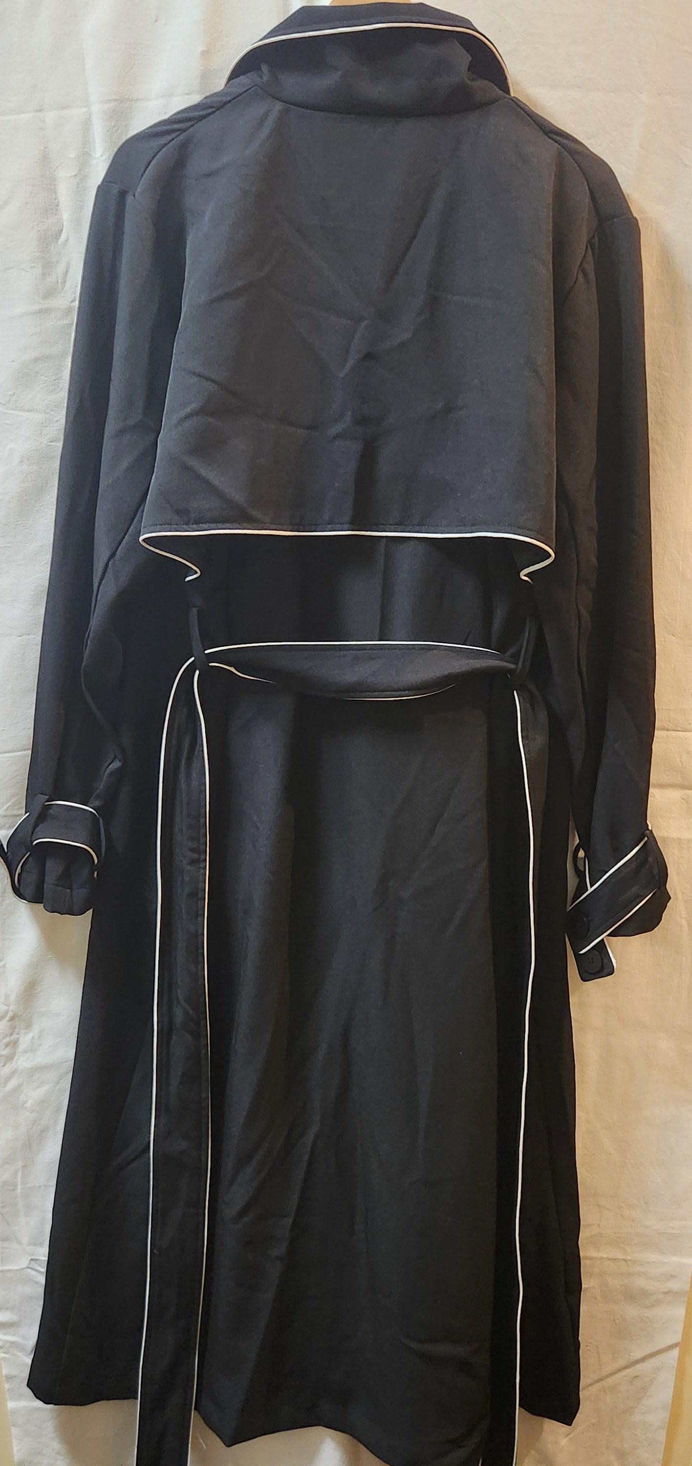 Lorraine Black Longline Trench Coat Size 16 | White Contrast Trim | Belted Lightweight Jacket
