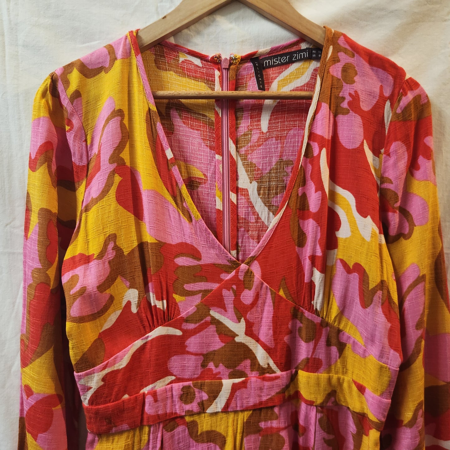 Mister Zimi Floral Wrap Style Midi Dress Pink Red Mustard | AU 12