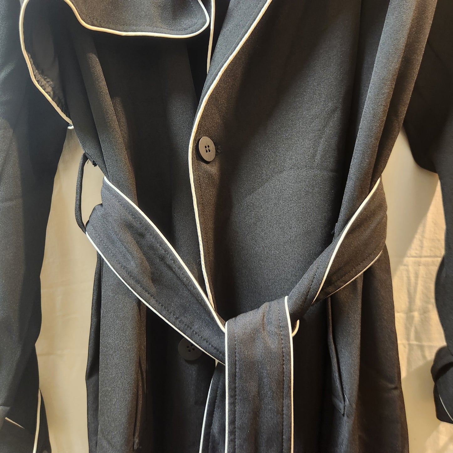 Lorraine Black Longline Trench Coat Size 16 | White Contrast Trim | Belted Lightweight Jacket