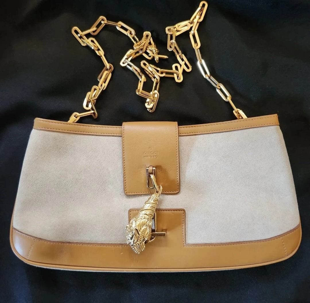 Authentic Gucci Tom Ford Tiger Charm Suede & Leather Shoulder Bag – Made in Italy